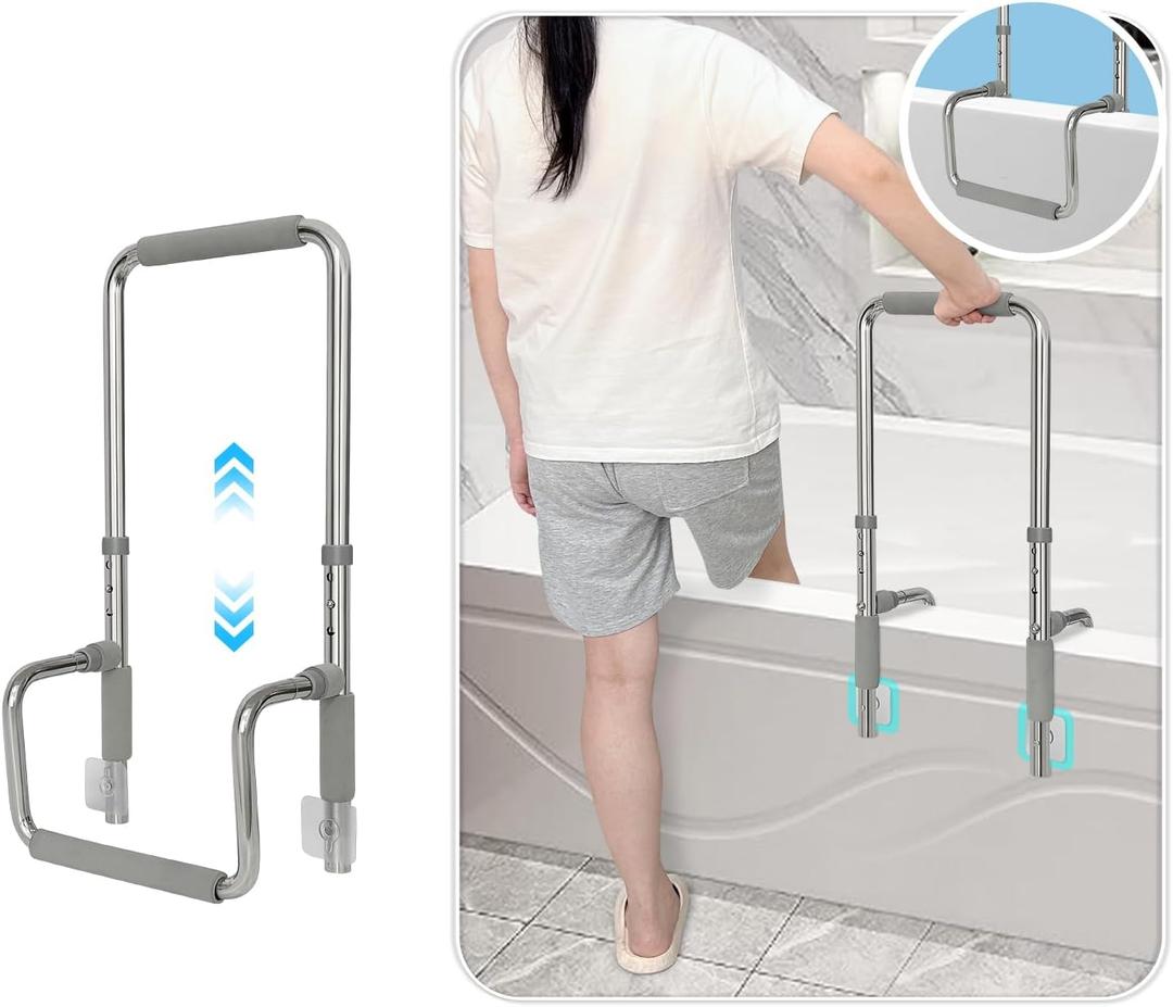 Bath Tub Handles for Seniors Shower Rails Elderly Adults Safety, Bathtub Clamp Grab Bars Helper No Drill, Handicap Bathroom Tub Support Bar Assist Devices, Help Getting Out of Bathtub