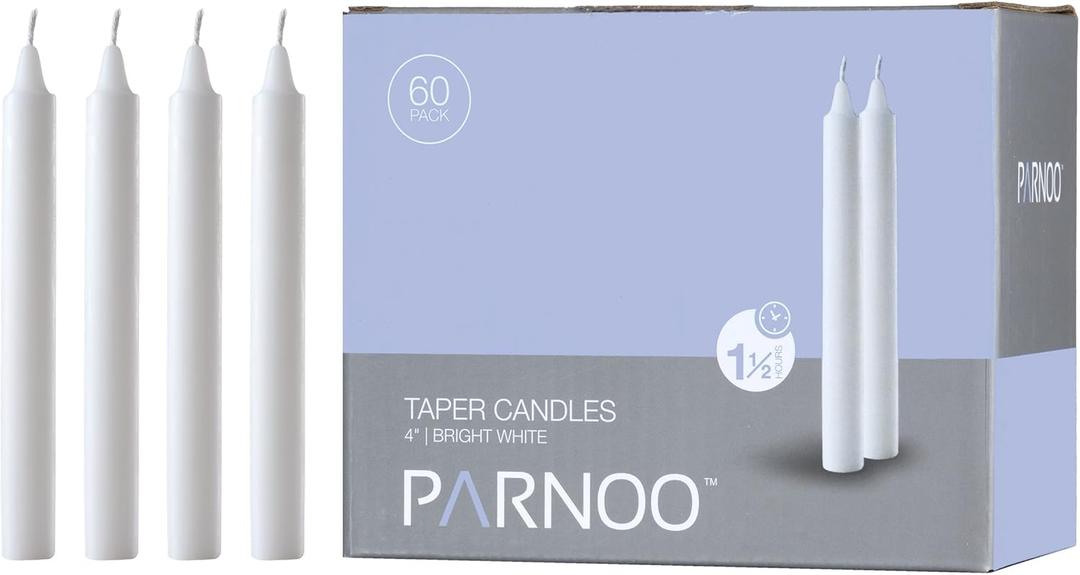 White Taper Candles - Set of 60 Dripless Chimes Candles - 4 inch Tall, 1/2 inch Diameter - 1.5 Hour Clean Burn