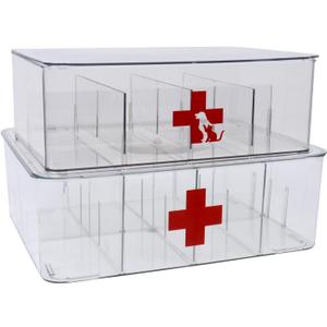 First Aid Box and Pet Frist Aid Storage Bin, Acrylic Medicine Kit Case Organizer Empty, Divided First Aid Storage Box Kit with Hinge Lid, Emergency Kit Storage Box for Family and Pet (Clear)