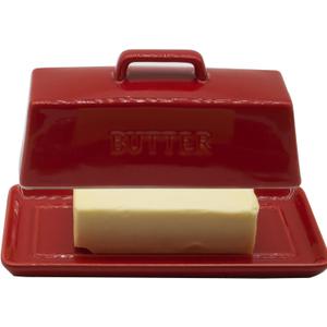 Ceramic Butter Dish With Lid for Countertop, Covered Butter Holder With Lid, Red Butter Container, Butter Tray With Handle