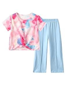 Fdqin Girls Summer Outfits 2 Piece Fashion Twist Front Short Sleeve Top and Wide Leg Pants Clothing Sets Tie Dye 4-5 Years