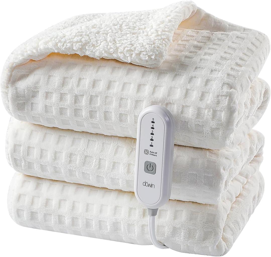 Heated Blanket Electric Blanket - Throw Size Waffle Fleece Heating Warming Blankets with Auto Shut Off for Couch Office Chair Bed Adults Fuzzy Cozy Machine Washable 50x60 Beige