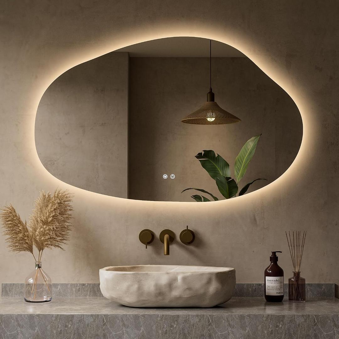 Keonjinn Irregular Bathroom Mirror with Lights 48" x 30", Tempered Glass
