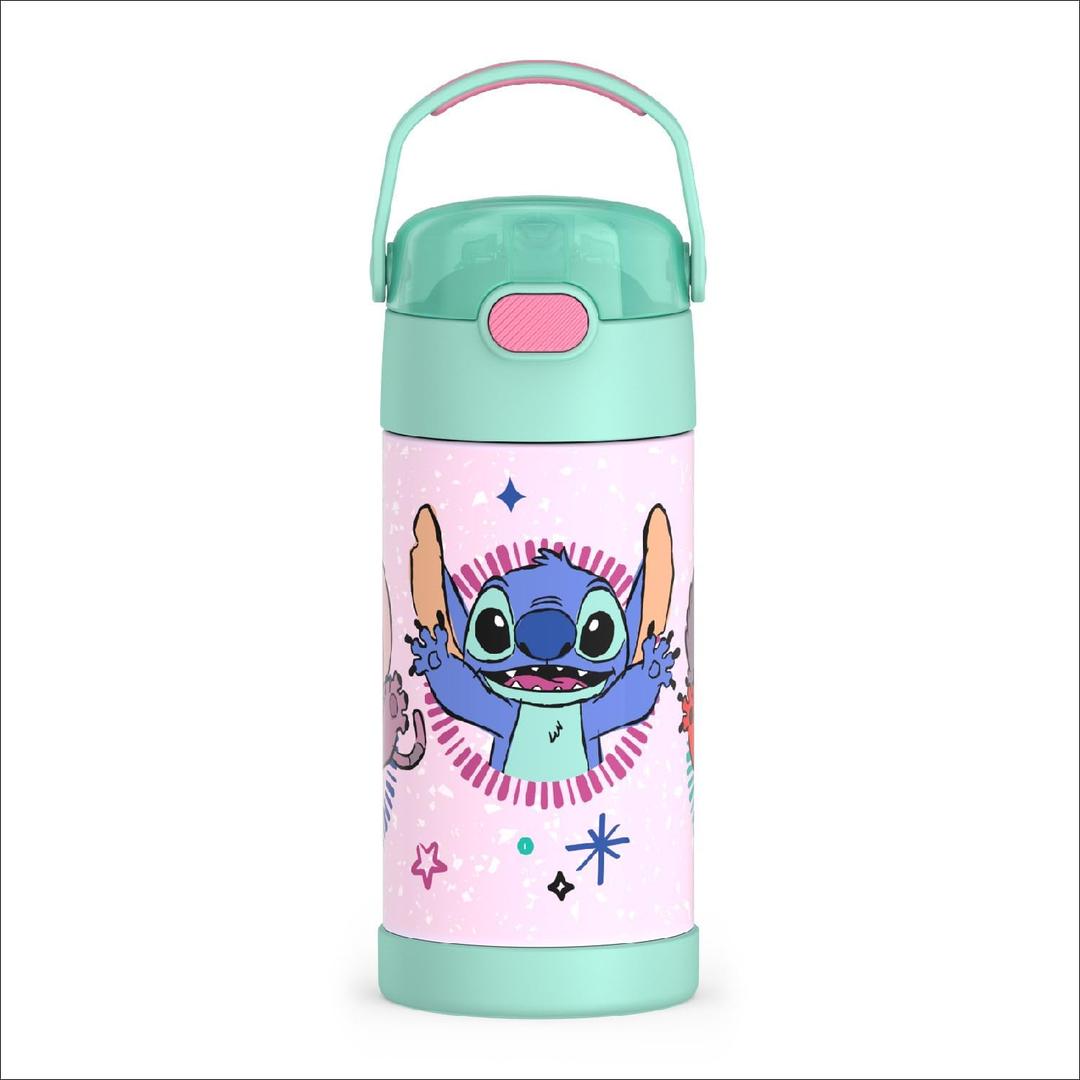 THERMOS FUNTAINER Water Bottle with Straw - 12 Ounce - Kids Stainless Steel Vacuum Insulated Water Bottle with Lid, Stitch