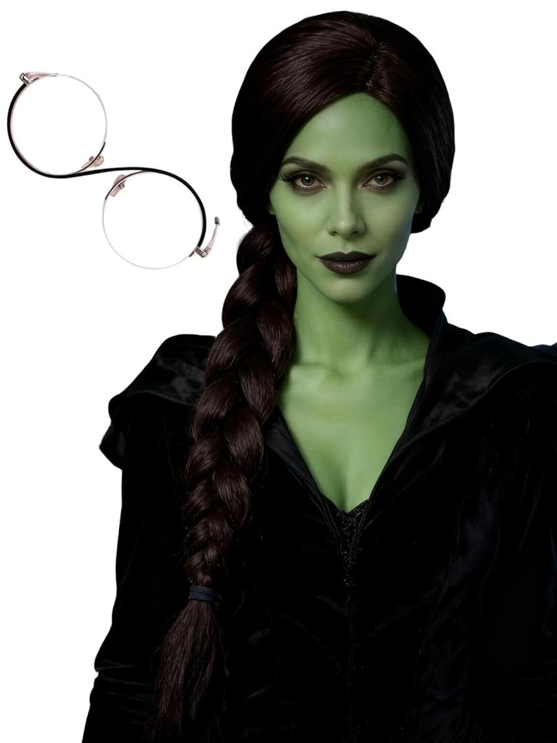 Dark Brown Braid Witch Wig and Glasses Witch Costume Wigs 31.5'' Synthetic Hair for Women Halloween Party