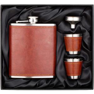 7 Oz Stainless Steel Hip Flask Gift Set Brown Leather with 2 Cups and Funnel 100% Leak Proof for Alcohol, Whiskey, Rum and Vodka Pocket Mini Drinking Flasks