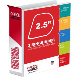 3 Ring Binder, 2.5" Professional Angle D-Rings, Presentation Folder for Standard Pages with Inside Pockets, Customizable Clear View White Binder (3.2" Spine)