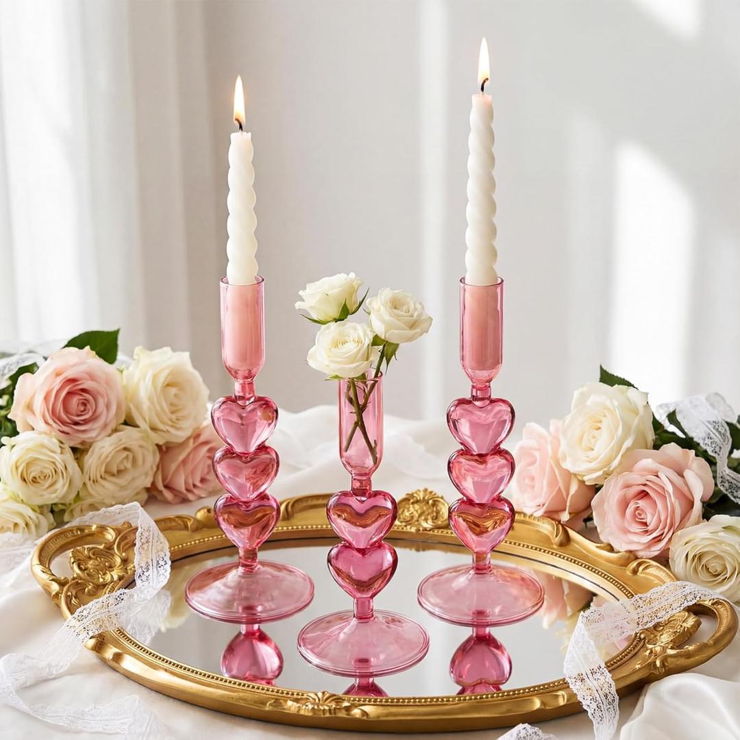 Yungyan 3 Pcs Valentine's Day Pink Glass Candlestick Holders, Heart Glass Taper Candle Holder, Valentines Heart Candle Stick Decor for Galentine's Day Wedding, Anniversary, Home Table Centerpiece