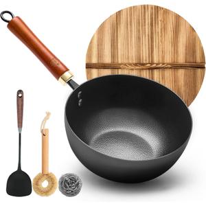 WANGYUANJI Carbon Steel Wok with Lid, 8.7" Small Wok Pan, Thickened Heavy Duty Flat Bottom for Deep Frying, Camping & Solo Meals, Uncoated Stir Fry Pan for Gas, Electric, Ceramic & Induction Stoves