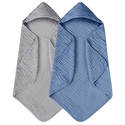 Yoofoss Hooded Baby Towels for Newborn 2 Pack 100% Muslin Organic Cotton Baby Bath Towel with Hood for Babies, Infant, Toddler and Kids, 32x32Inch, Soft and Absorbent Newborn Essential,Grey& Dark Blue