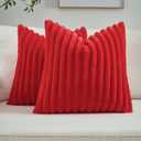 FUTEI Valentine's Day Red Throw Pillow Covers Set of 2, 18x18 Inch Soft Faux Rabbit Fur Striped Texture Cushion Cases, Modern Decorative Couch Pillows for Living Room Bed