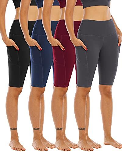 WHOUARE 4 Pack Biker Yoga Shorts with Pockets for Women,High Waisted Athletic Running Workout Gym Shorts Tummy Control,Black,Navy,Dark Gray,Burgundy,3XL