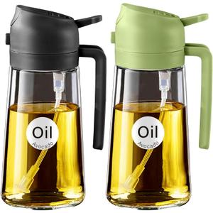 YARRAMATE Olive Oil Dispenser, 2 in 1 Oil Sprayer for Cooking, 16oz/470ml Glass Oil Spray Bottle with Pourer, Food-grade Oil Dispenser and Oil Sprayer for Kitchen, Salad, Frying, BBQ (Black & Green)