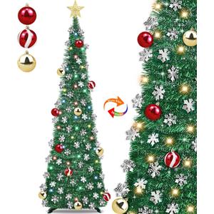 5 Ft Pop Up Christmas Tree with Lights Collapsible Skinny Tinsel Pencil Tree Snowflake Balls Star 50 Warm White & Multicolor Light 8 Mode Timer Battery Operated Home Holiday Party Decor Easy Assembly