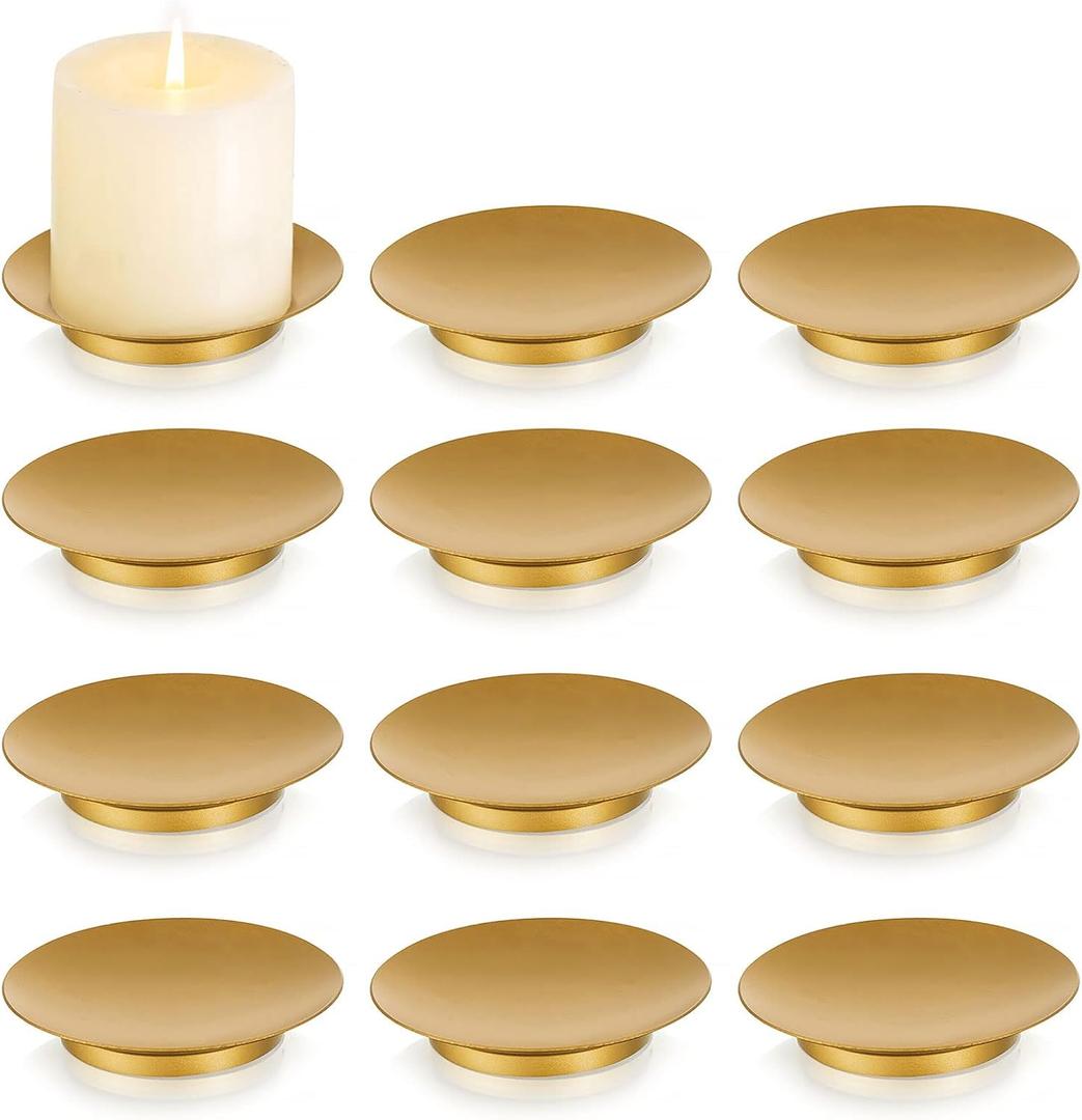 Romadedi Iron Plate Candle Holder, Gold Candle Holders for Pillar Candles, Set of 12 Small Candle Tray, Pillar Candle Holder Plate Metal Candle Stand for Coffee Table Decor, Wedding, Party, Home Decor