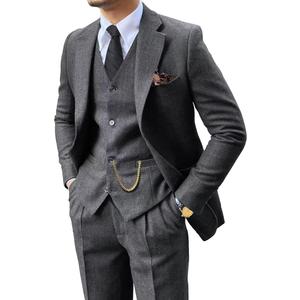 Retro 3 Piece Suit Tweed Herringbone Men's Suits Slim Fit Groom Tuxedos Set Prom Brown Grey Jacket Blazer Vest Pants, XXXXL