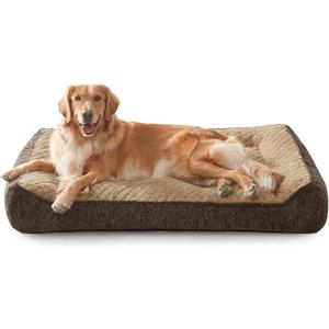 JOEJOY Orthopedic Dog Bed for Large Dogs, Washable Dog Bed with Waterproof Cover, Non-Slip Sofa for Dogs, Soft Artificial Rabbit Fur Basket, 97 x 71 x 22 cm, Brown