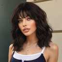 Lativ Dark Brown Wig with Bangs Bob Wigs for Women Short Wavy Curly Shoulder Length Wig 14 Inches Synthetic Heat Resistant Hair for Daily Party Use