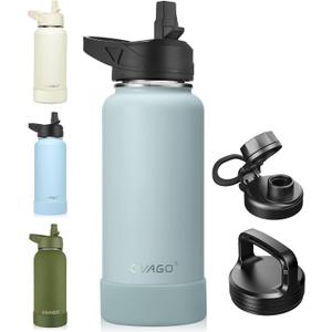 CIVAGO 32 oz Insulated Water Bottle With Straw, Stainless Steel Sports Water Cup Flask with 3 Lids (Straw, Spout and Handle Lid), Wide Mouth Travel Thermal Mug, Sage