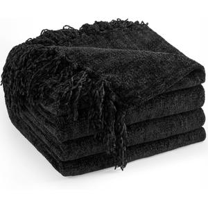 Chenille Throw Blanket for Couch 60"X 80" Twin, Soft Cozy Throws with Fringe Tassel for Bed Sofa Chair Cover, Lightweight Knitted Decorative Boho Blankets for Living Room, Black