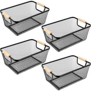 4 Pcs Metal Wire Basket with Wooden Handles Mesh Steel Storage Organizer Bin Containers for Home Organizing Cabinet Pantry Closet Kitchen Fridge Fruit Makeup Snacks Gifts(Medium,Black)