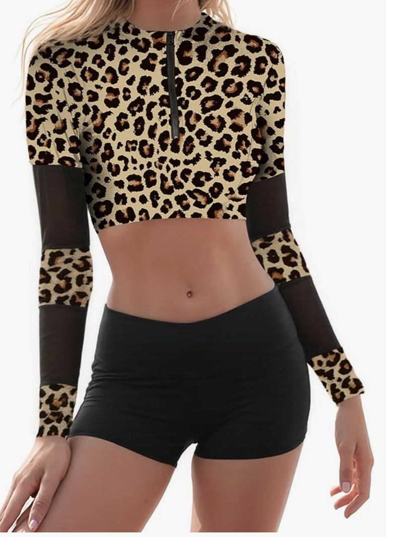 NESY Womems Swimsuits Long Sleeve Two Piece Rash Guard UV Protection Crop Top Bathing Suits Extra Large, Leopard Print 