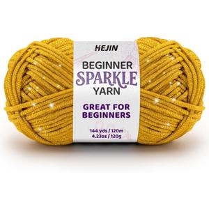 120g Gold Sparkle Yarn for Crocheting and Knitting; 120m(144yds) for Beginners with Easy-to-See Stitches; Worsted-Weight Medium #4; Yarn for Beginners Crochet Kit Making