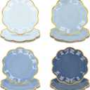 Dusty Blue Party Plates Gradient Blue Dessert Paper Plates 7inch Gold Foil Scalloped Edge Disposable Cake Plates for Tea Party Birthday Bridal Baby Shower Wedding Party Supplies (48)