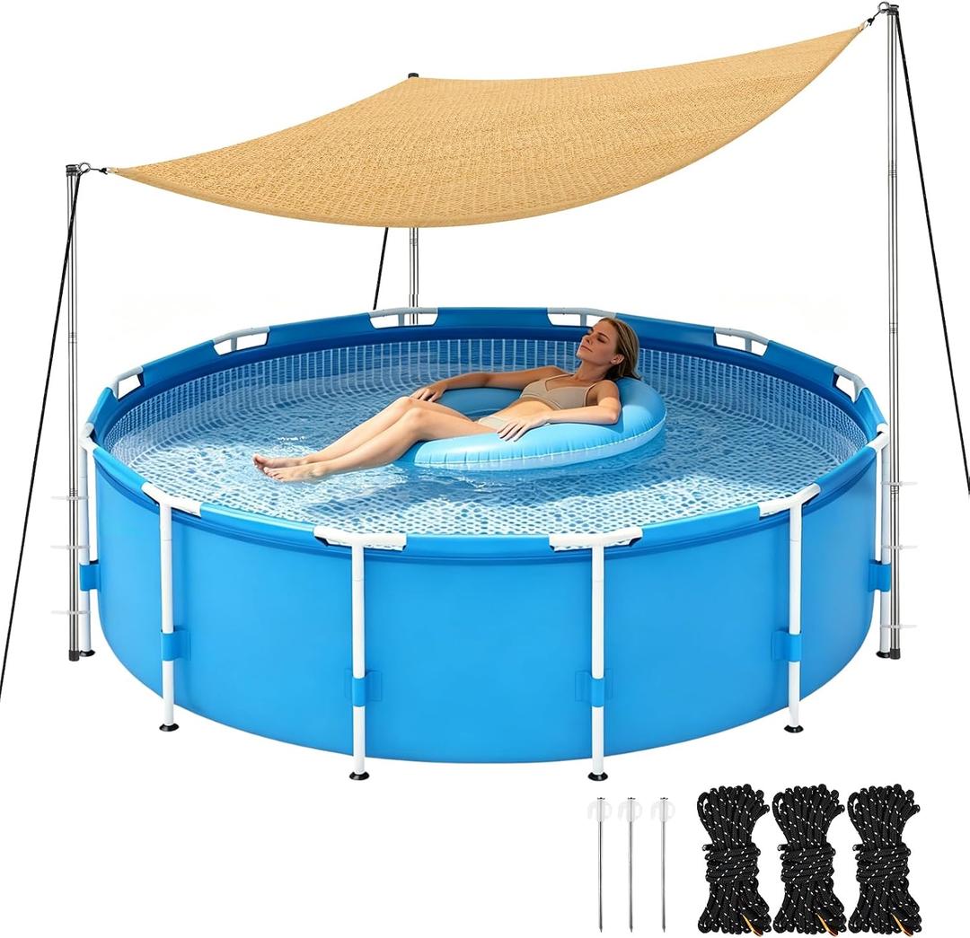 FMOACEN Above Ground Pool Canopy Sunshade Set, 13'x13'x13' Triangular Waterproof Shade Sail with Support Poles and Ground Nails Awning Cover for 15-22 FT Outdoor Basin Deck Garden