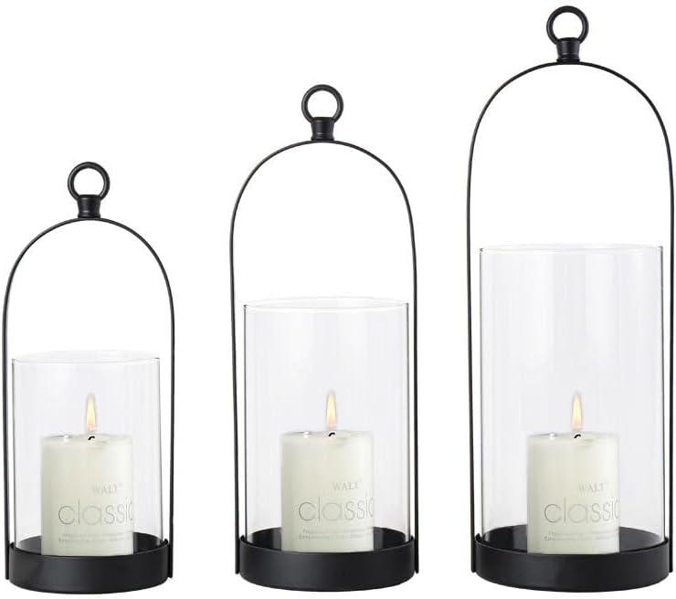 Denique Decorative Lanterns Candle Holder, Black Metal Candle Lanterns Set of 3, Hanging Lanterns Decor with Clear Glass for Indoor Outdoor, Iron Candle Holder for Table Centerpiece Fireplace Mantles