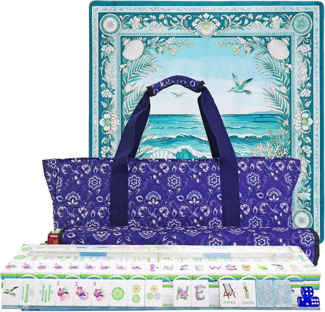 American Mahjong Game Set, Acrylic Mahjong Set with Ocean Themed, 2 Carrying Bags, 4 Acrylic Racks with Pushers, Silent Mat & 3 Dice – Portable American Mahjong Game Set for Adults, Game & Travel, 30mm x 23mm x 13mm