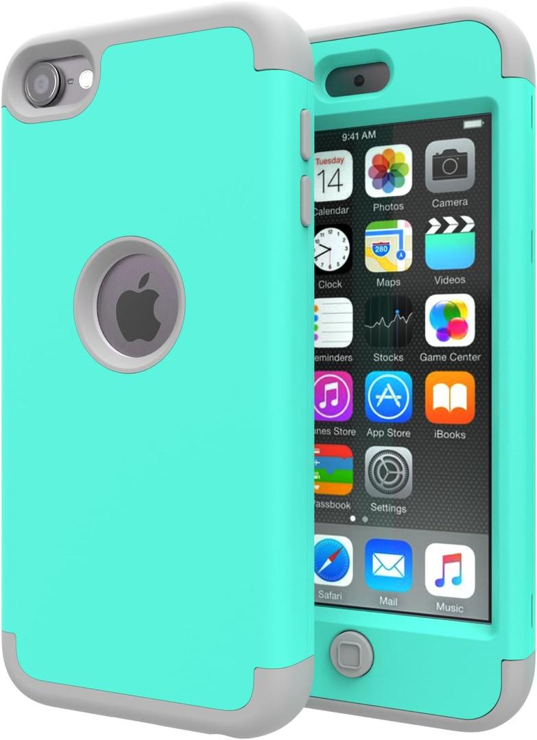 iPod Touch 7 Case,iPod Touch 6 Case,SLMY(TM)Heavy Duty High Impact Armor Case Cover Protective Case for Apple iPod touch 5/6/7th Generation Green/Gray