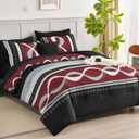 Anibedding Burgundy Comforter Set Queen Size, 8 Pieces Striped Bed in a Bag, Patchwork Comforter with Sheets Set Soft Microfiber Boho Bedding Sets(90"x90")