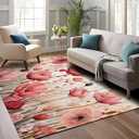 Red Pink Poppy Flowers Area Rug for Living Room - Washable Area Rugs 5x7 Non-Slip Soft Rug for Bedroom Ultra-Thin Dining Room Rugs, Low-Profile Carpet Rug for Office Entryway