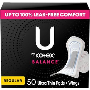 U by Kotex Balance Ultra Thin Pads with Wings, Regular Absorbency, 50 Count 
