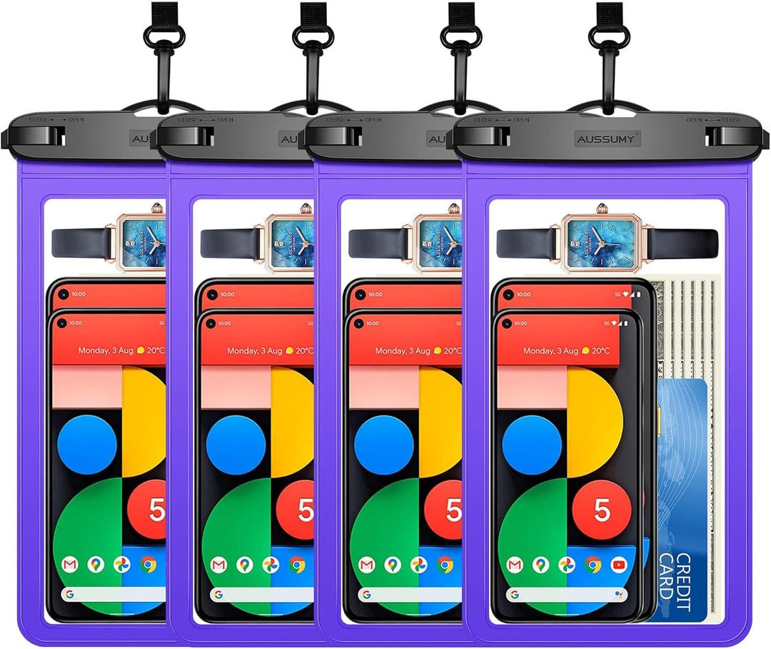 4 Pack 10.5“ Large Waterproof Phone Pouch - Underwater Clear Cell Holder - Universal Water Proof Dry Bag with Neck Lanyard for iPhone 16 Pro Max Samsung Galaxy with Heavy Case for Beach Swimming Pool
