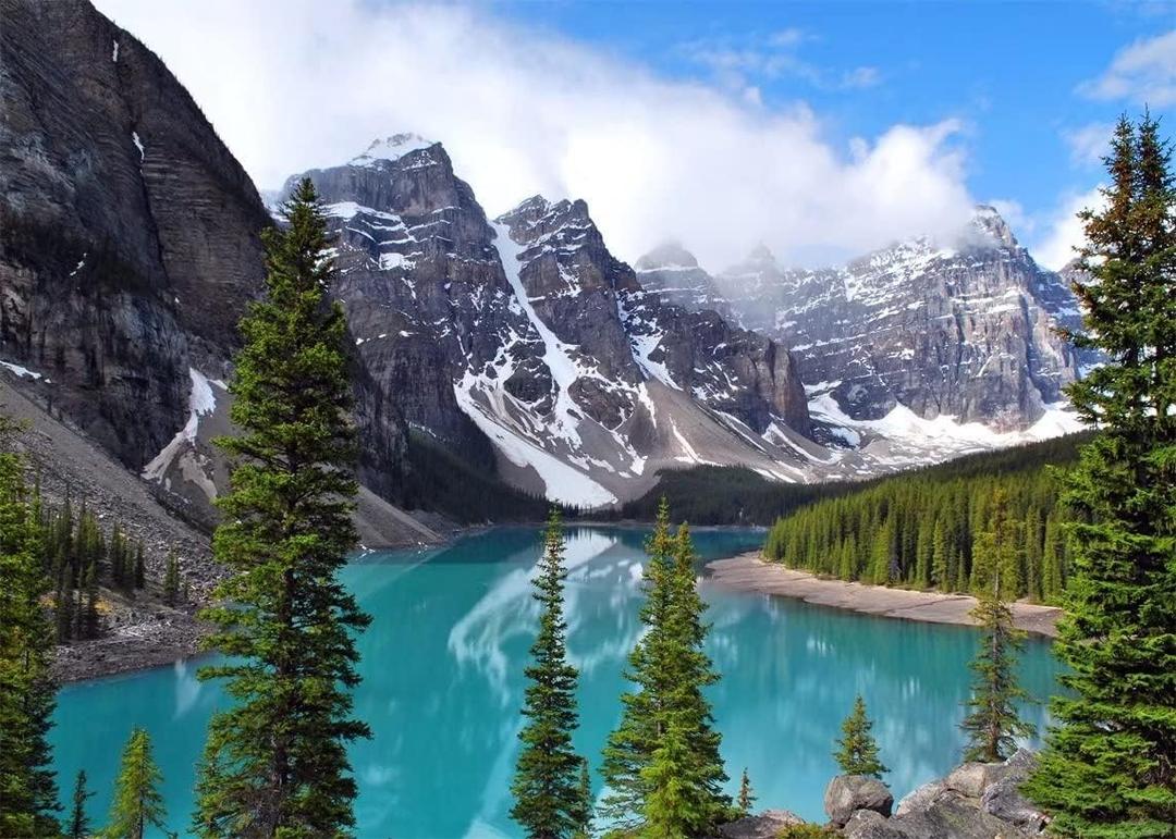 BELECO 9x6ft Fabric Mountain Backdrop National Park Scenery Picturesque Moraine Lake in Banff,Canada Photograph Background Blue Lake Trees Photo Backdrop Nature Wallpaper Portraits Shoot Photo Props