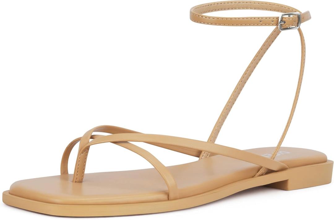 Womens Flats Sandals Square Toe Strappy Ankle Strap Flats (7, Nude)