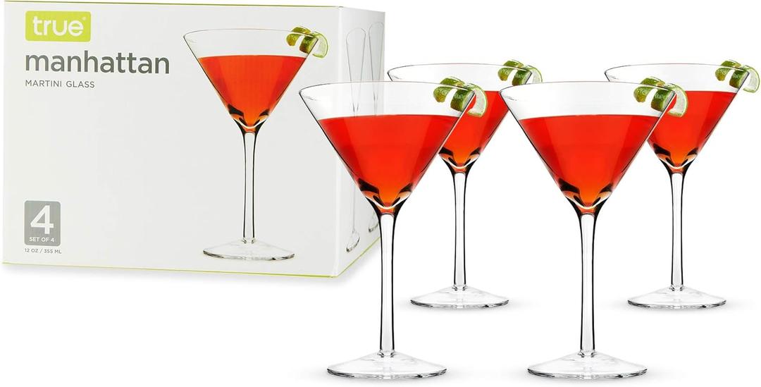 True Manhattan Martini Glass, Crystal Cocktail Coupes, Clear Glass, Cocktail glass set, Dishwasher Safe, Holds 12 oz., Set of 4