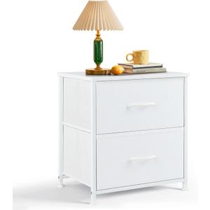 Nightstand, Small 2 Drawer Dresser End Table Bedside Furniture, Wooden Top Fabric Bins for Bedroom, Closet, Entryway, Dorm, 11.8" D x 18" W x 20", White