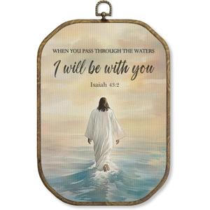 WUHSDIBC Jesus Walking On Water Octagon Wall Art Decor, Christian Jesus Framed Canvas Art Prints, Vintage Religious Bible Verse Wall Hanging Decor for Living Room Bedroom Church, 10.2x7 Inches