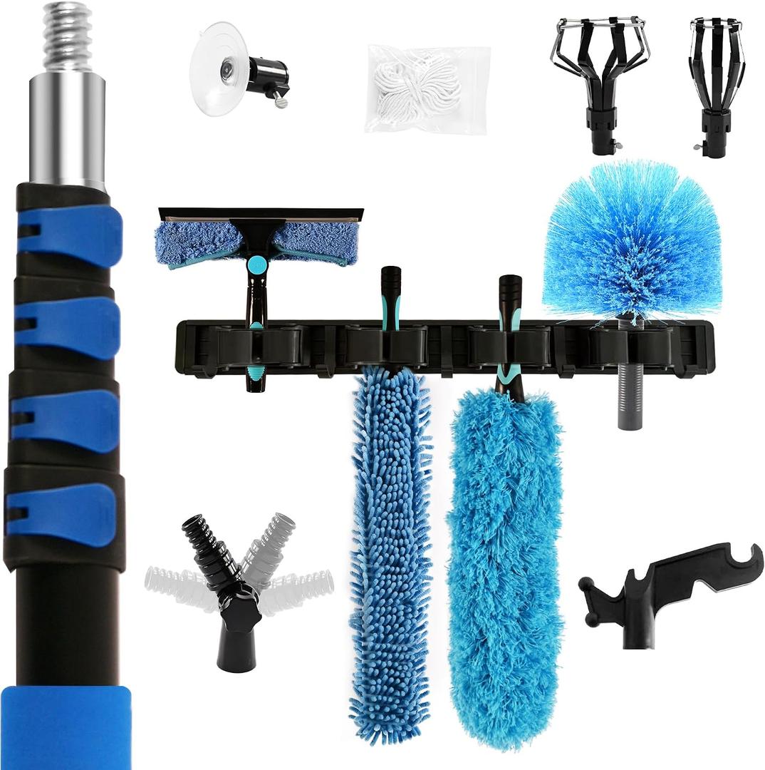 Duster with Extension Pole (20 FT Reach), Light Bulb Changer for High Ceilings & 3-12FT Extension Pole Duster Cleaning Kit, Fan Duster/Cobweb Duster/Window Washing Kit for High Windows, Interior Roof