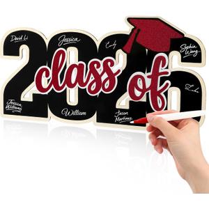 Qunclay Class of 2026 Wood Signs Graduation Party Decorations 2026 Congrats Grad Sign Wooden Signature Board with Pen Graduation Photo Booth Prop for High School College Grad Party Supplies(Dark Red)