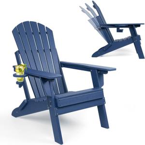 FUNBERRY Folding Adirondack Chair with Adjustable Backrest, HDPE All Weather Fire Pit Chairs with Cup Holder (1 Pack, Navy Blue)