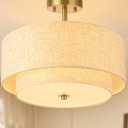 16" Double Drum Ceiling Light, 3-Light Brushed Gold Semi Flush Mount Chandelier, Dimmable Pendant Lamp with Classic Fabric Linen Shade for Bedroom Living Room Dining Room Kitchen Hallway