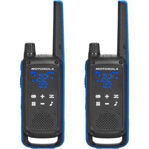 Motorola Solutions, Portable FRS, T802, Talkabout, Two-Way Radios Waterproof IP54 Walkie Talkie Emergency Preparedness, Rechargable, 22 Channel, 35 Mile, Black W/Blue, 2 Pack