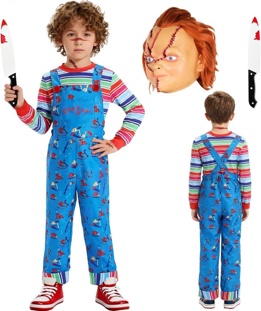 Creepy Doll Costume for Kids Ghost Mask Stripe Top Jumpsuit Halloween Costume Cosplay Props Boys Girls (L/150, Blue)