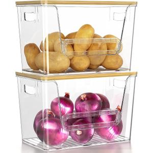 MUDEELA 2 Set Pantry Organizers and Storage, Bag Dispenser with Bamboo Top, Bag Holder Under Sink Organizer for Onion, Potato, Fruit, Produce, Vegetable, Clear (11-7/32"L*7" W*7-1/8"H)