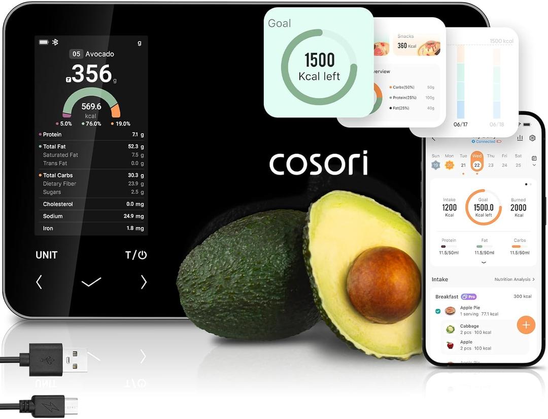 Cosori Smart Food Kitchen Scale with Nutritional Calculator, Free App for AI Scan, Calorie & Macro Tracking, Food Preload, On-Screen Nutrient Info, Personal Goals, Rechargeable, 11 lb / 5 kg (Black)