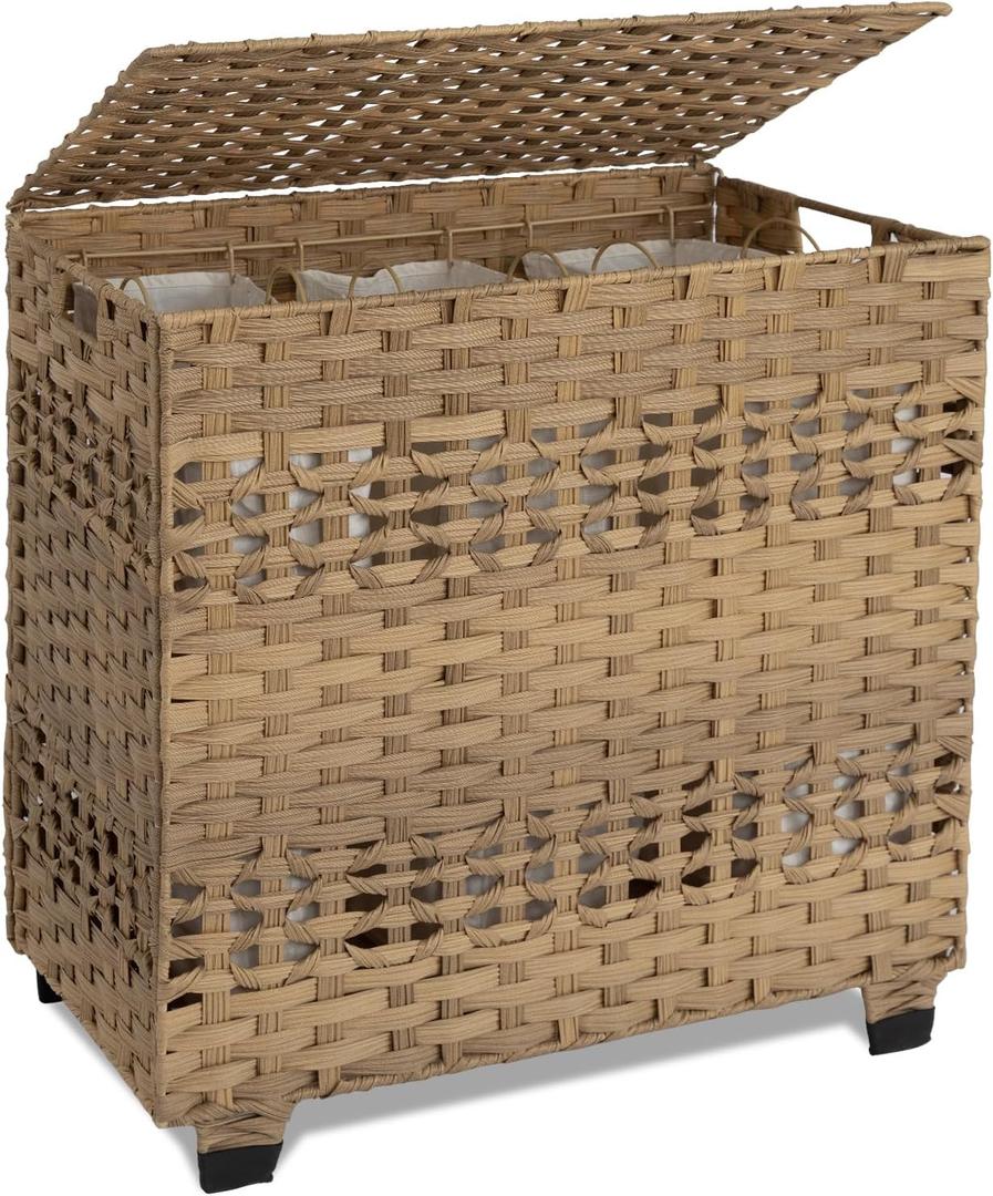 OIAHOMY Laundry Hamper with Lid, 140L Clothes Hamper with 3 Removable Liner Bags, Foldable Basket with Lid, Synthetic Wicker Laundry Basket for Bedroom, 27x 13 x 26 Inches, Yellow, Extra Large